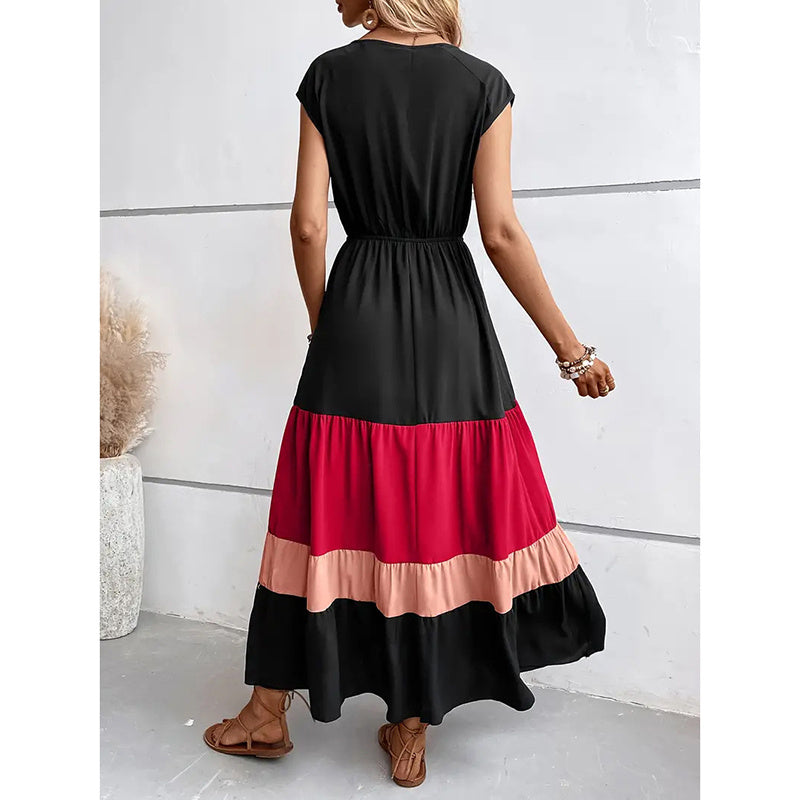 Women's Color Block Maxi Dresses V Neck Sleeveless Tiered Casual Dresses Loose Sundress