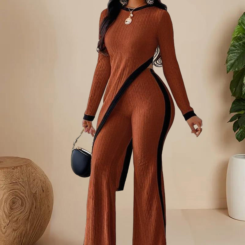 Women's  Elegant Round-neck Two-piece Long-sleeved Pants With Decorative Edges For Spring & Fall