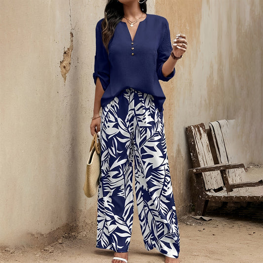 Women's Spring&Summer Elegant Long Sleeve Top & Leaf Print Pants Set - Solid V-Neck Blouse With Button Detail Flowy Trousers