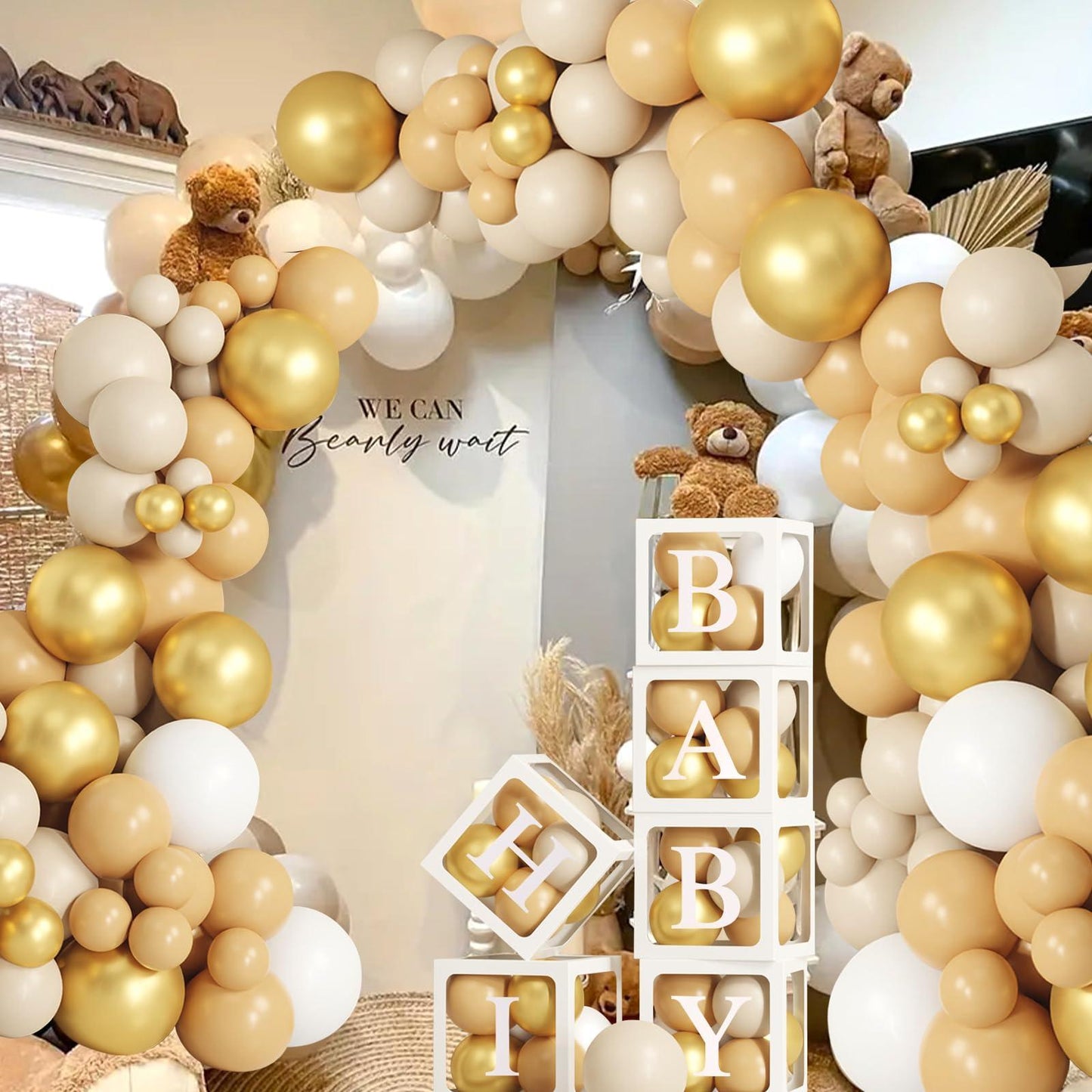 172pcs White Gold Balloon Box Decoration Set - 6 Clear Boxes, Letters & Balloons For Party, Birthday, Name Display