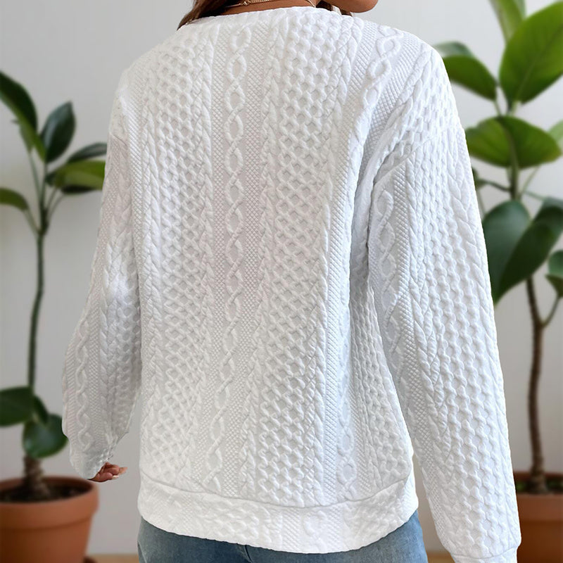 Women's Solid Color Textured Round Neck Drop Shoulder Long Sleeve Sweatshirt - Casual Loose Fit Pullover