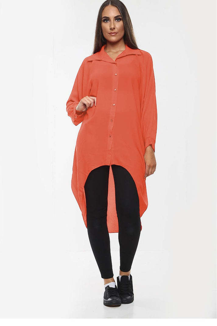 High-Low Oversized Button Long Top Shirt Dress With Hem And Long Sleeves