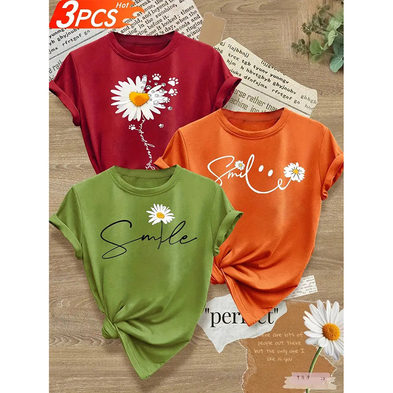 3PCS Women's Love Heart Leopard Graphic Print Tee Short Sleeve Crew Neck T Shirt Casual Summer Tops