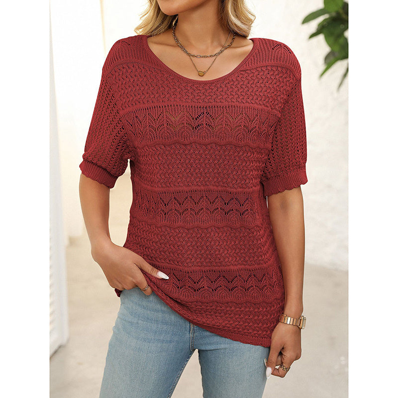Women's Short Sleeve Sweater Tops Casual Crew Neck Crochet Knit Trendy Hollow Out Blouse T Shirts