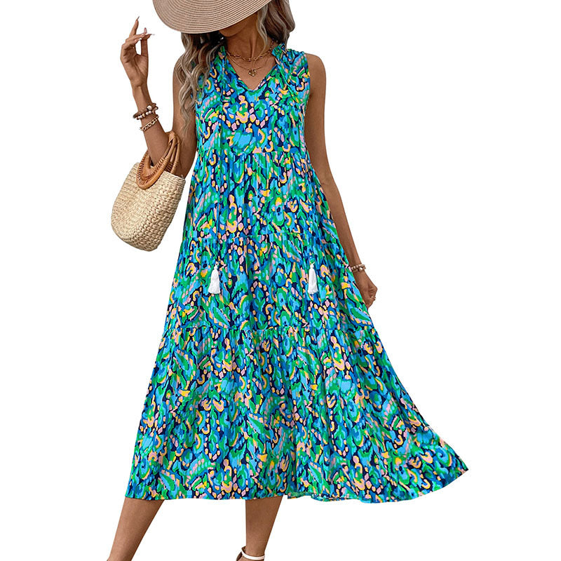 Women's Bohemian Sleeveless Tassel Tie-Dye Maxi Dress Spring Summer Casual Sundress