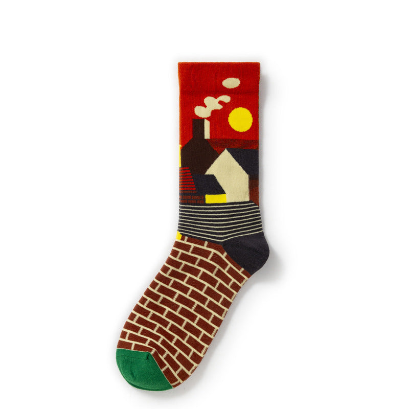 Retro Trendy Autumn And Winter Abstract Art Socks Europe And America Creative Combed Cotton