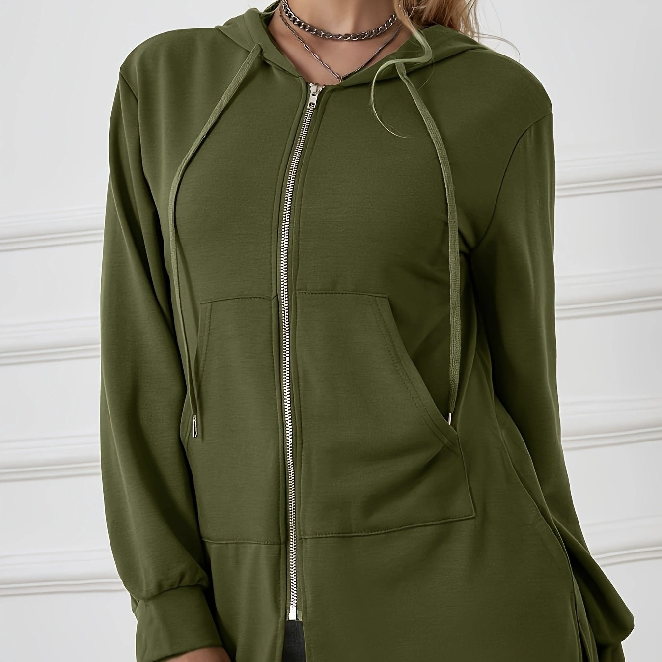 Women's Military Green Casual Sports Hooded Sweatshirt With Drawstring Zipper Jacket, Lightweight Top