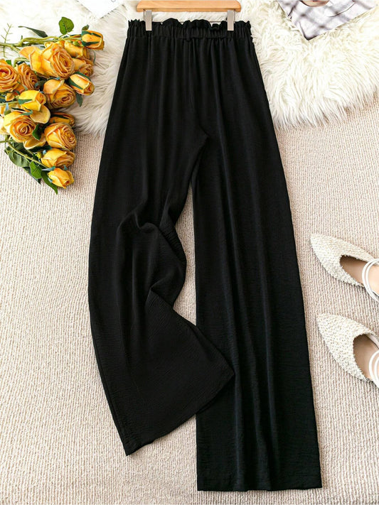 Women's Plus Size Teacher Pants - Black Straight-Leg Trousers With Pockets, Elastic Waistband With Wooden Button Decor, Soft Comfortable Fabric, Multifunctional Daily Wear