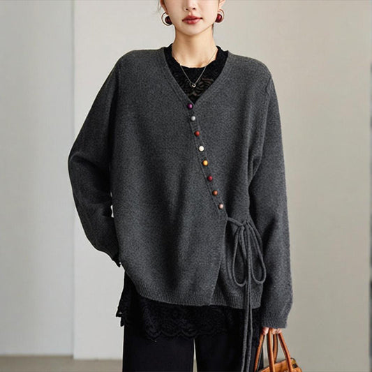 Plus Size Women's Solid Color V-Neck Long Sleeve Cardigan With Colorful Buttons & Tie Belt - Lightweight Knit Cover-Up For Spring&Fall