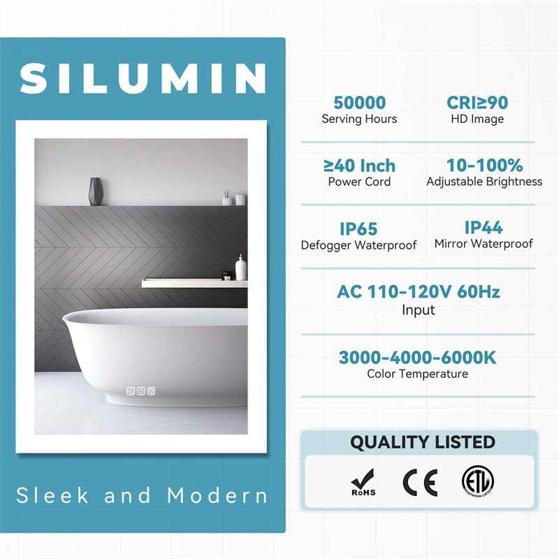 LED Bathroom Mirror Bright Front Side Light, 5 Mins Defog, Full HD Reflected, 3 Colors Dimmable, Wall Mounted