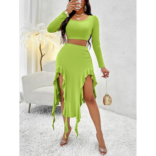 Women Summer 2 Piece Skirt Sets Long Sleeve Square Neck Crop Top Ruffle Trim Irregular Split Sexy Club Party Skirt Outfits