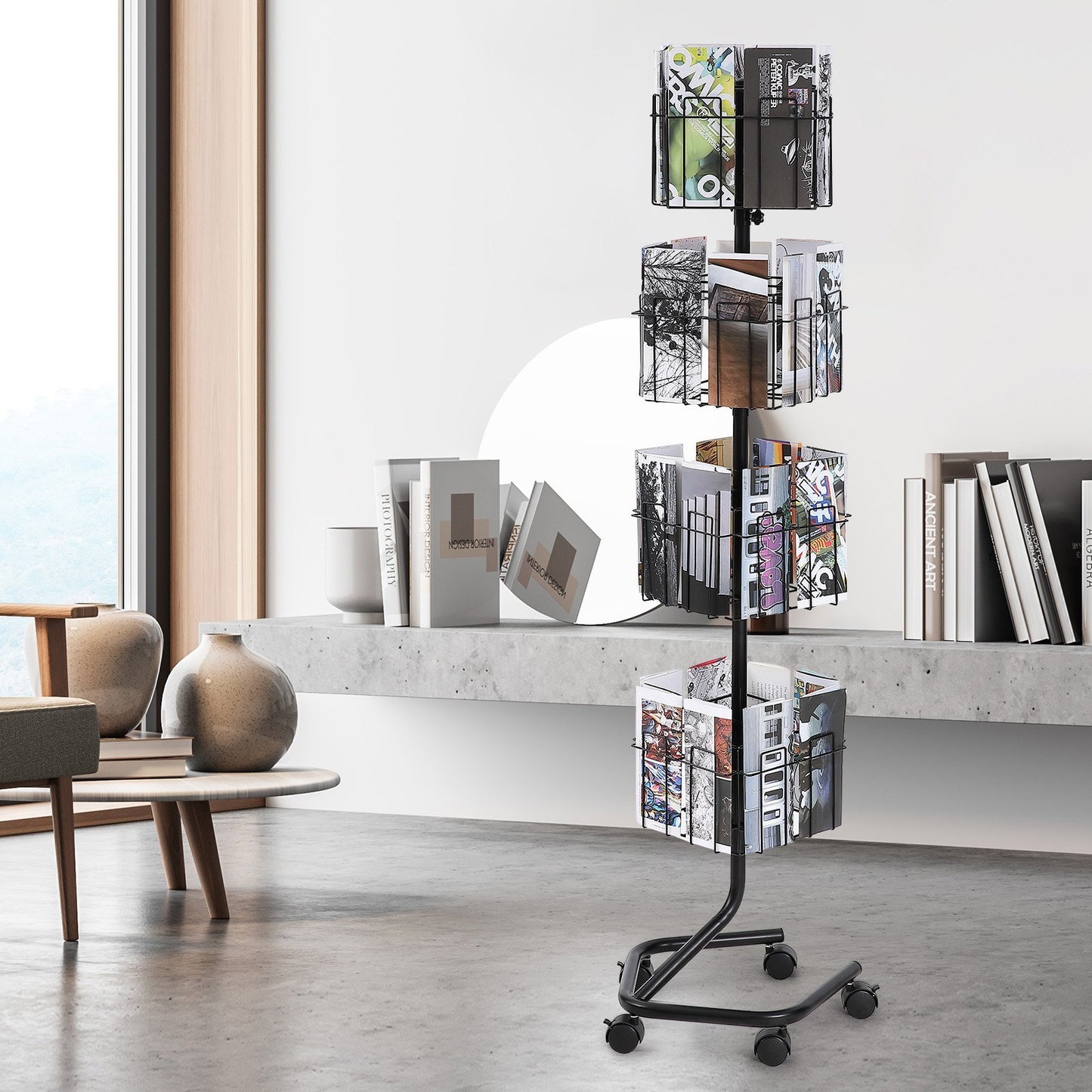 VEVOR Brochure Display Rack, 4-Tier 32 Pockets Rotating Magazine Literature Display Stand For Postcards, Spinning Greeting Cards Rack With 5 Wheels  2 Lockable  For Shop Exhibitions Office