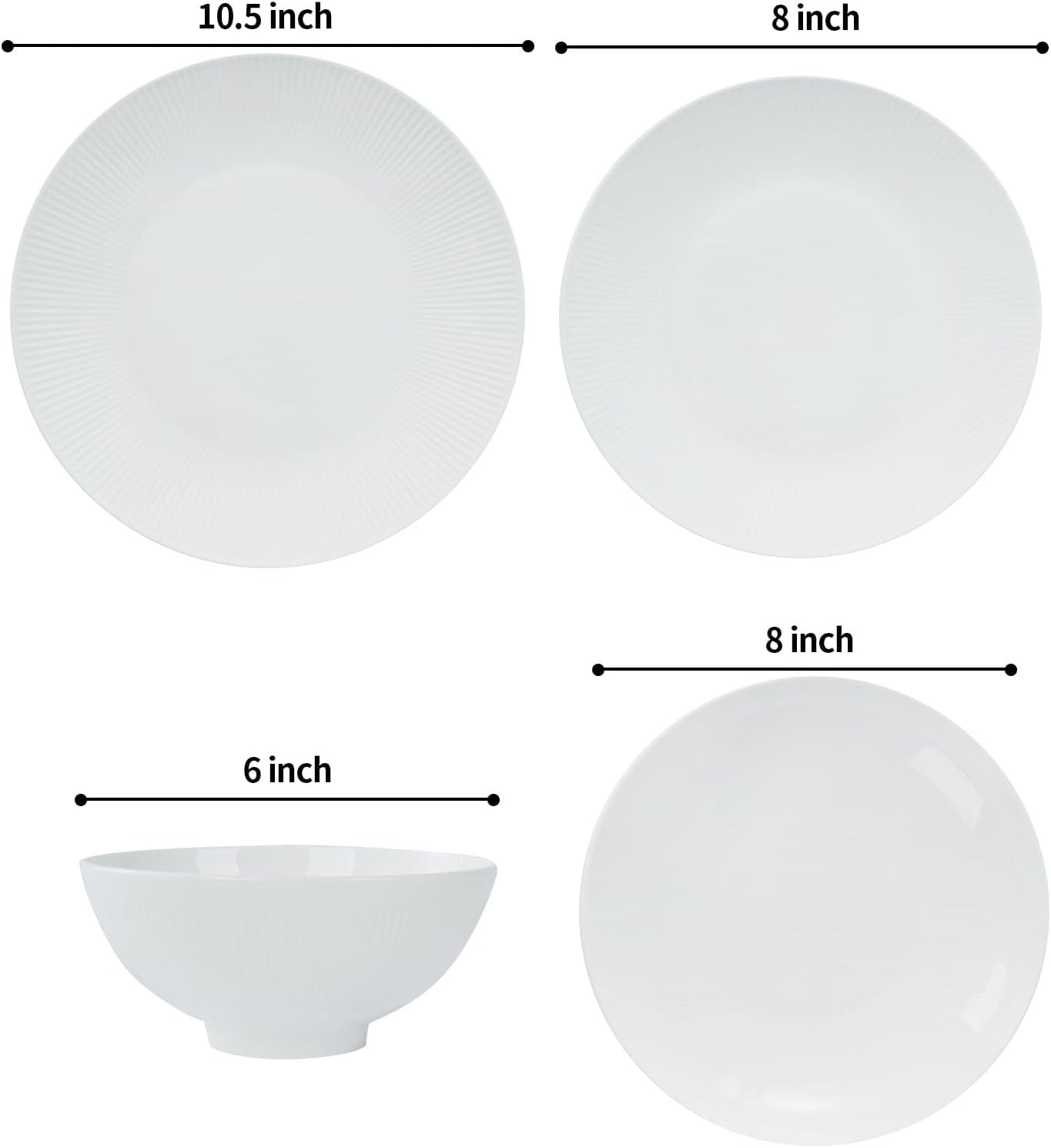 Dandilion Bone China Dinnerware Set, 16 Pieces, Service For 4, Plates, Dishes, Bowls Set, Microwave And Dishwasher Safe, Ivory White With Radial Lines