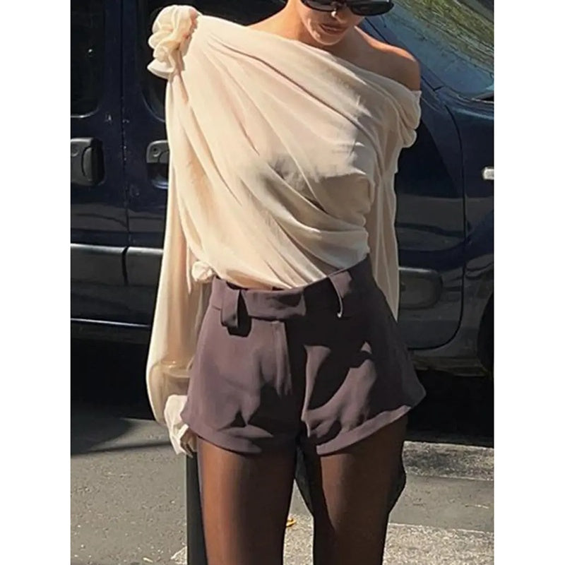 Women's Off Shoulder Tops Elegant Long Sleeve Asymmetrical Neck Ruched Chiffon Blouse Shirts Going Out Top Y2k Shirts