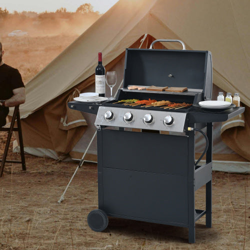 Propane Gas Grill 4 Burner Barbecue Grill, Stainless Steel 34,000 BTU Patio Garden Barbecue Grill With Two Shelves, Lid, Wheels And Bottle Opener