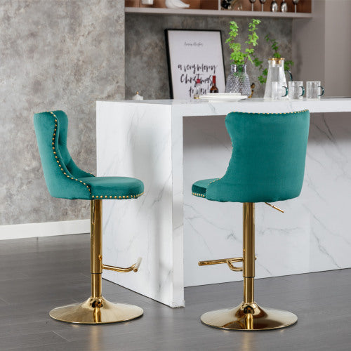 Golden Swivel Velvet Barstools Adjusatble Seat Height From 25-33 Inch Green,Set Of 2