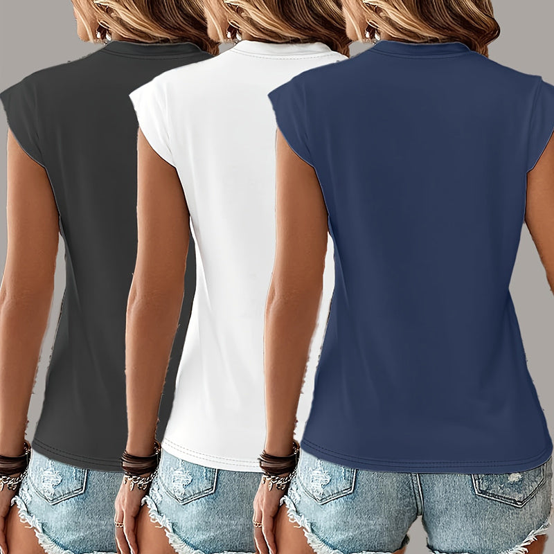 Women's 3-Pack Round Neck Solid Color Short Sleeve T-Shirts - Basic Casual Summer Tops