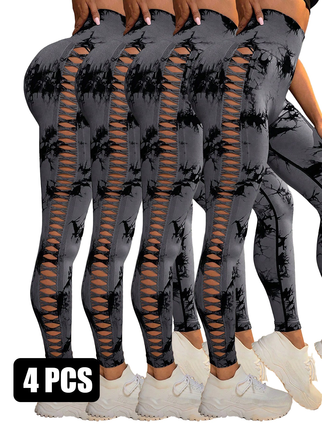 4PCS Tie-dye Cut-out Leggings Sports Leggings