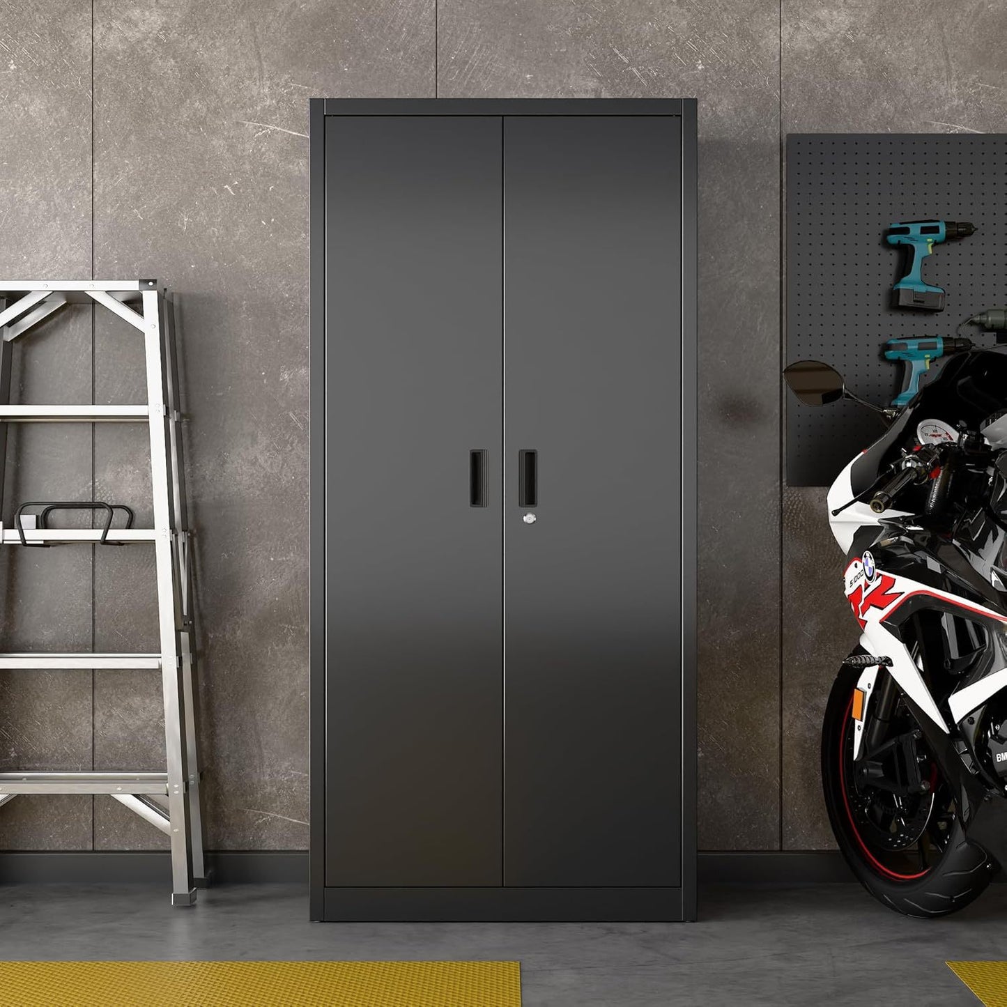 Metal Storage Cabinet With Pegboard ,Lockable Steel Storage Cabinet With 5 Adjustable Shelves And Door For Garage, Office, Kitchen, Assembly Required Black