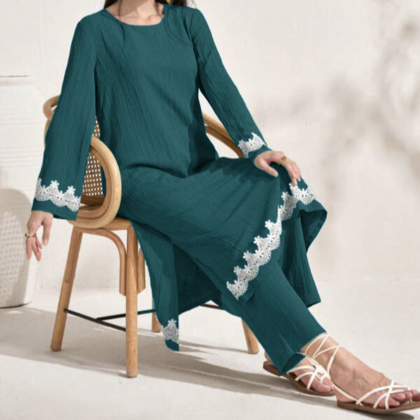 Ladies' Decal Slit Hem Top, Loose Casual Pants, Solid Color Pants Set