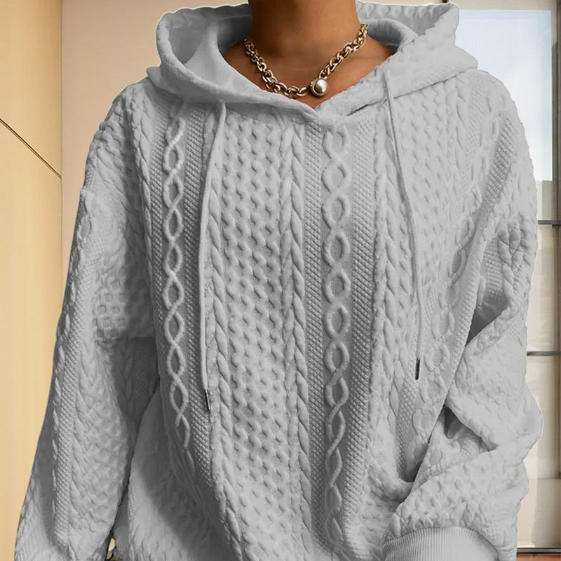 Women's Solid Color Ribbed Design Long Sleeve Hoodie - Loose Fit Drawstring Pullover For Fall & Winter Casual Wear