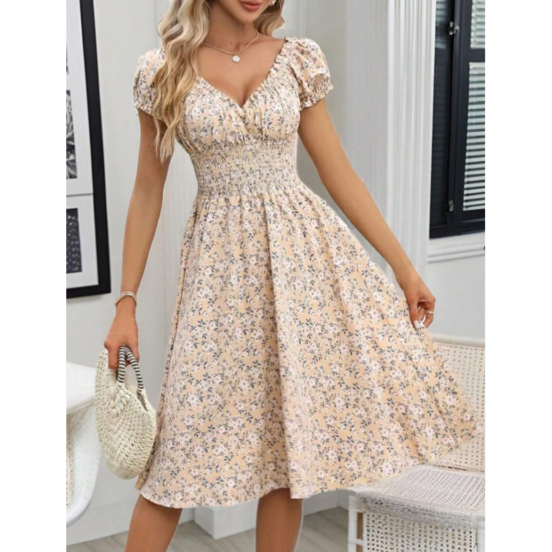 Women's Floral Summer Dress Casual Short Sleeve Ruffle Flowy Midi Sundress Boho Beach Vacation Dress