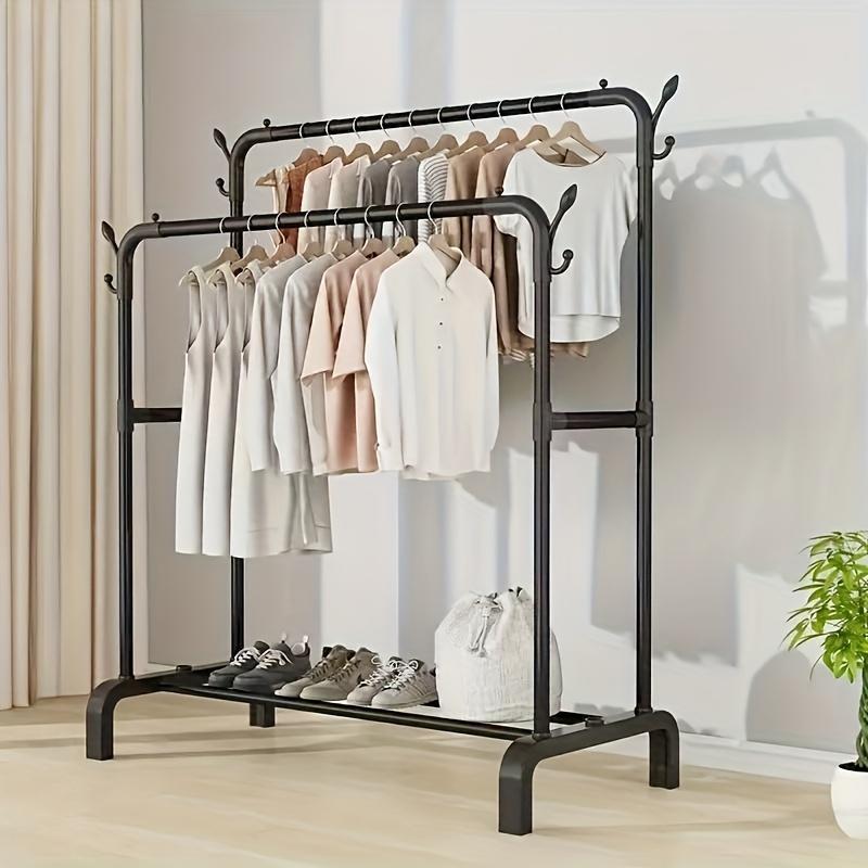 Multifunctional Double Pole Clothes Drying Rack, Double Row Metal Material, Portable Black And White Iron Art, Wardrobe Organization, Retail Display, Suitable For Bedside