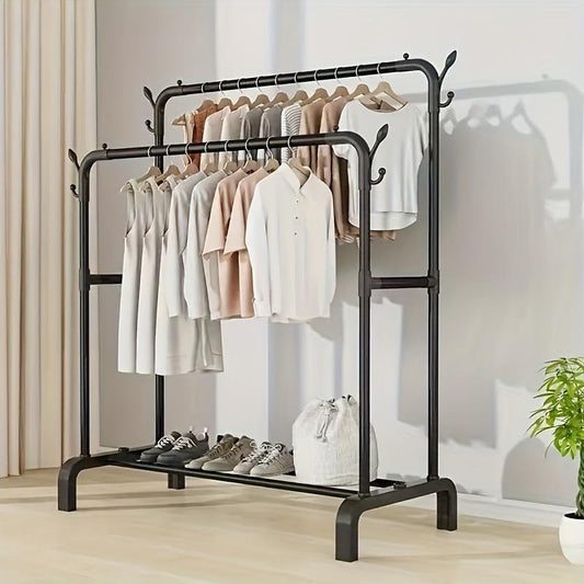 Multifunctional Double Pole Clothes Drying Rack, Double Row Metal Material, Portable Black And White Iron Art, Wardrobe Organization, Retail Display, Suitable For Bedside