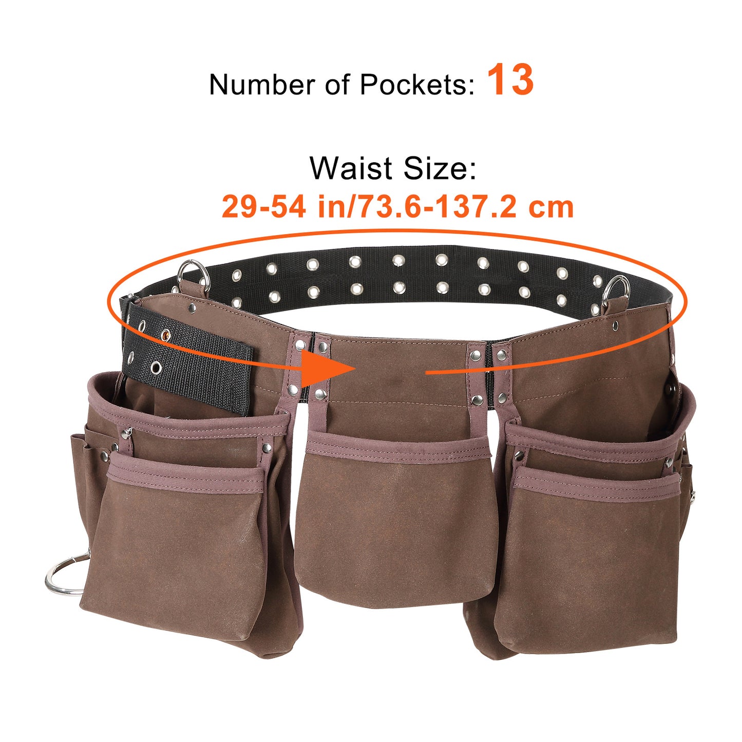 VEVOR 13 Pockets Tool Belt, Adjusts From 29 Inches To 54 Inches, Leather Heavy Duty Tool Pouch Bag With Dual Hammer Loops, Tool Bag For Electrician, Carpenter, Handyman, Construction, Framer, Brown
