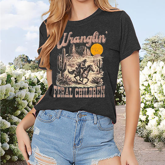 Women's Desert Horse Sunset Print Tee - Bohemian Round Neck Summer Top