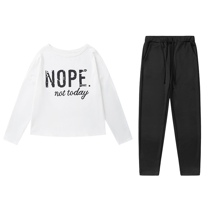 Women's Off-Shoulder Long Sleeve Top & Pants Set - 'NOPE Not Today' Print Casual Lounge Outfit For Spring&Fall