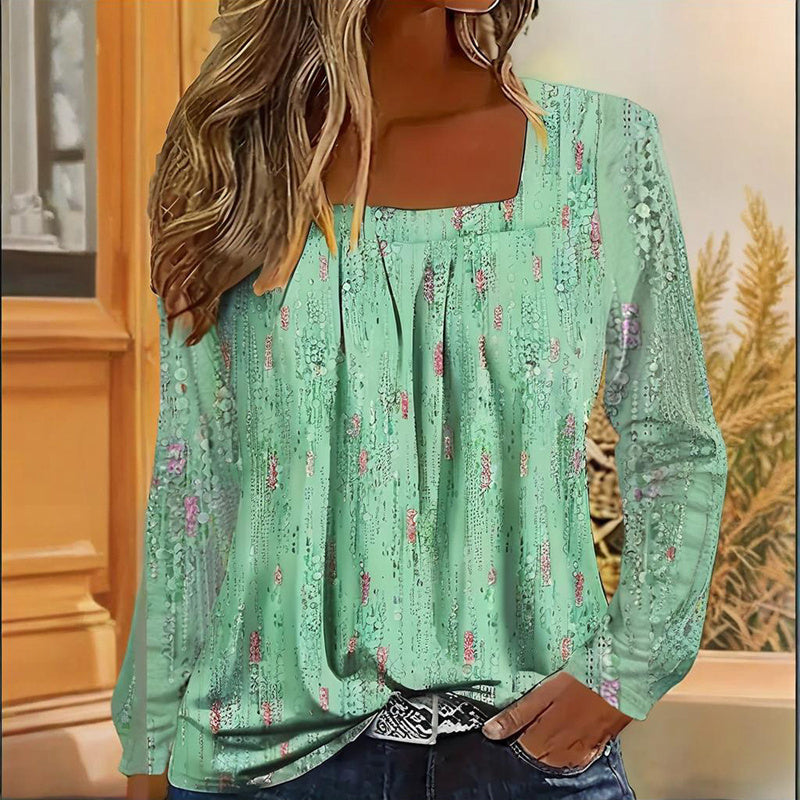 Plus Size Women's Floral Sequin Square Neck Long Sleeve T-Shirt - Printed Casual Spring&Summer Top