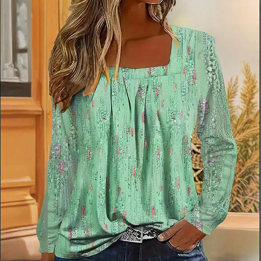 Plus Size Women's Floral Sequin Square Neck Long Sleeve T-Shirt - Printed Casual Spring&Summer Top