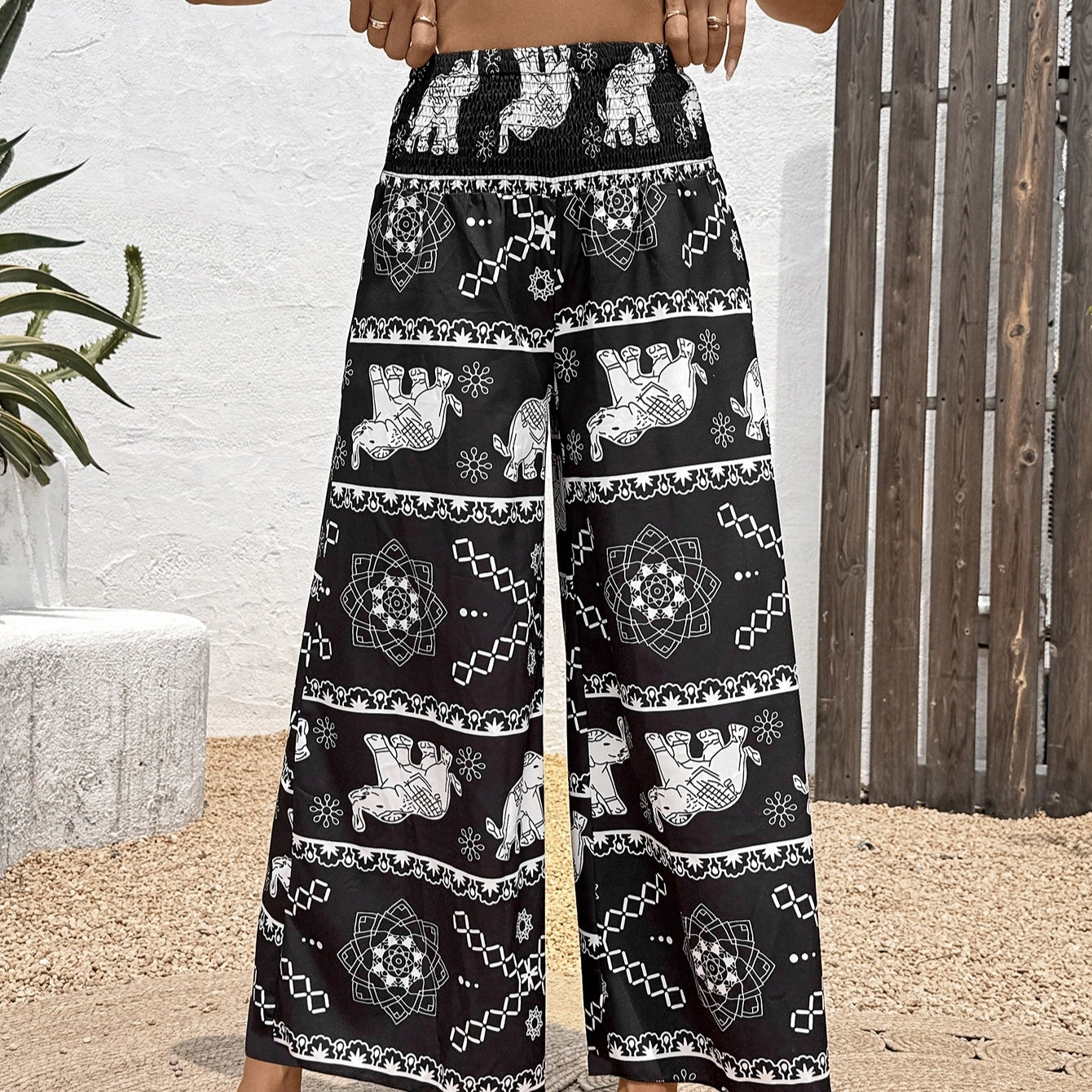 Ladies' Summer Elephant Print Pleated Fashionable And Elegant Wide Leg Pants