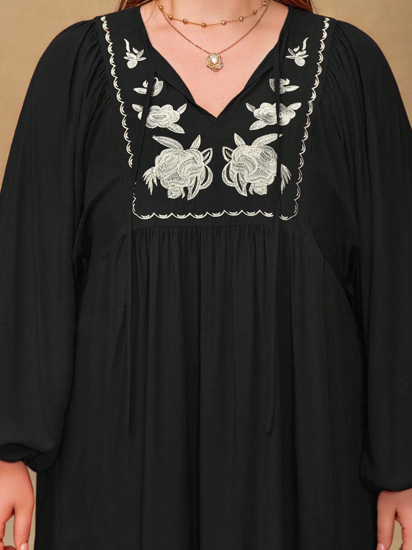 Women's Plus Size Embroidered Summer Casual Long Sleeve Tie V-Neck Mini Dress