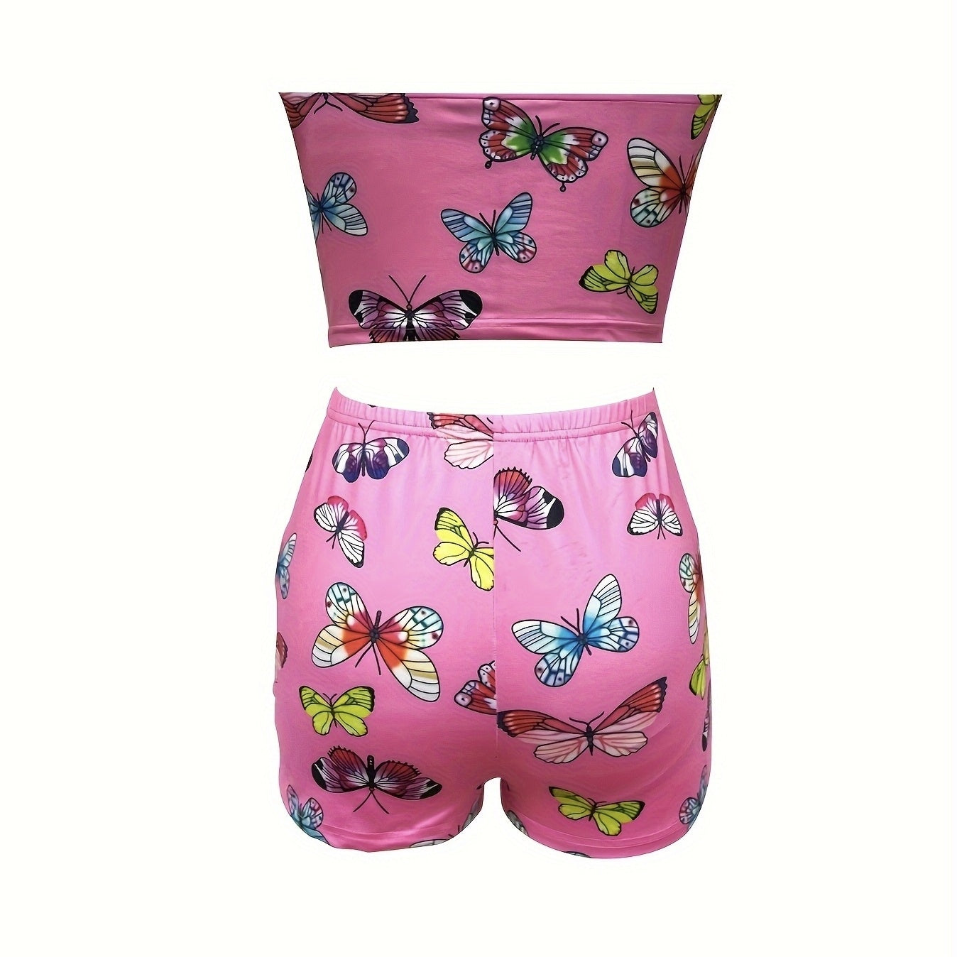 Ladies' Butterfly Print Chest Wrapped Casual Beach Vacation Style Sexy Top And Shorts Set