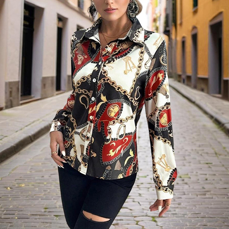 Women's Lapel Long Sleeve Shirt - Fitted Cut Intricate Print Button-Up Design Casual Spring&Fall Wear