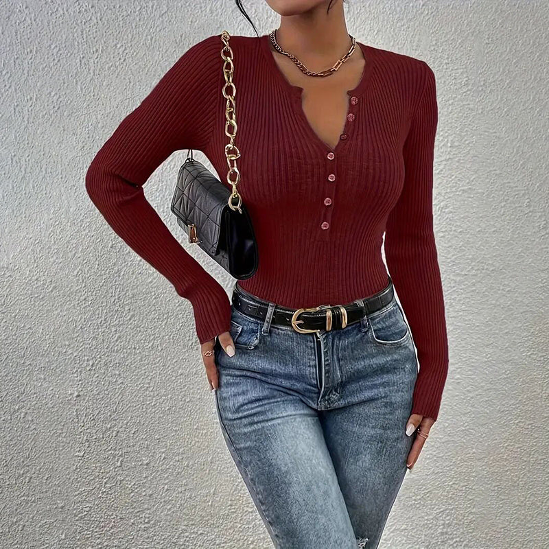 Women's Elegant V-Neck Button Detail Knit Sweater - Long Sleeve Solid Color Casual Pullover For Fall&SpringTop