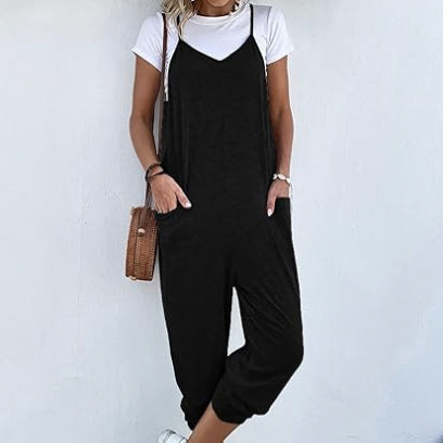 Women's Solid Color Spaghetti Strap Double Pocket Vest Without T-shirt Jumpsuit
