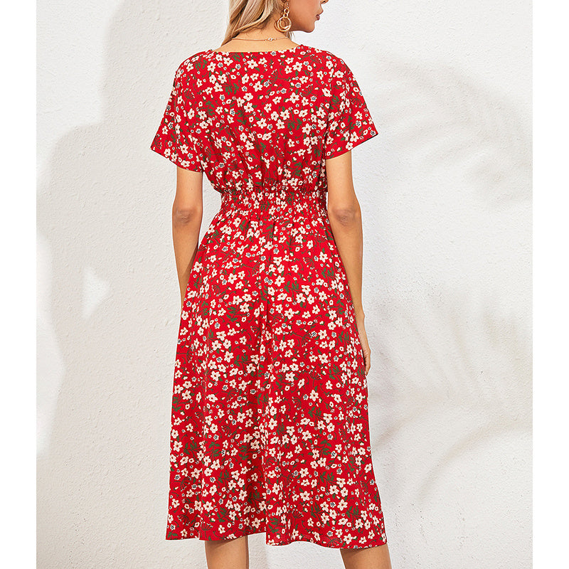 Womens Summer Dresses Boho V Neck Floral Print Short Sleeve Mini Dress Cute Smocked Waist Short Dress