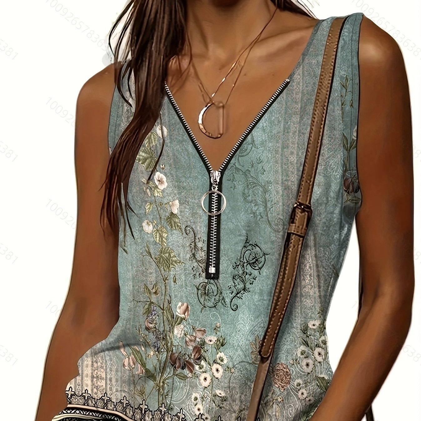Ladies' Fashionable Printed V-neck Half Zipper Off Shoulder Vacation Style Camisole Vest