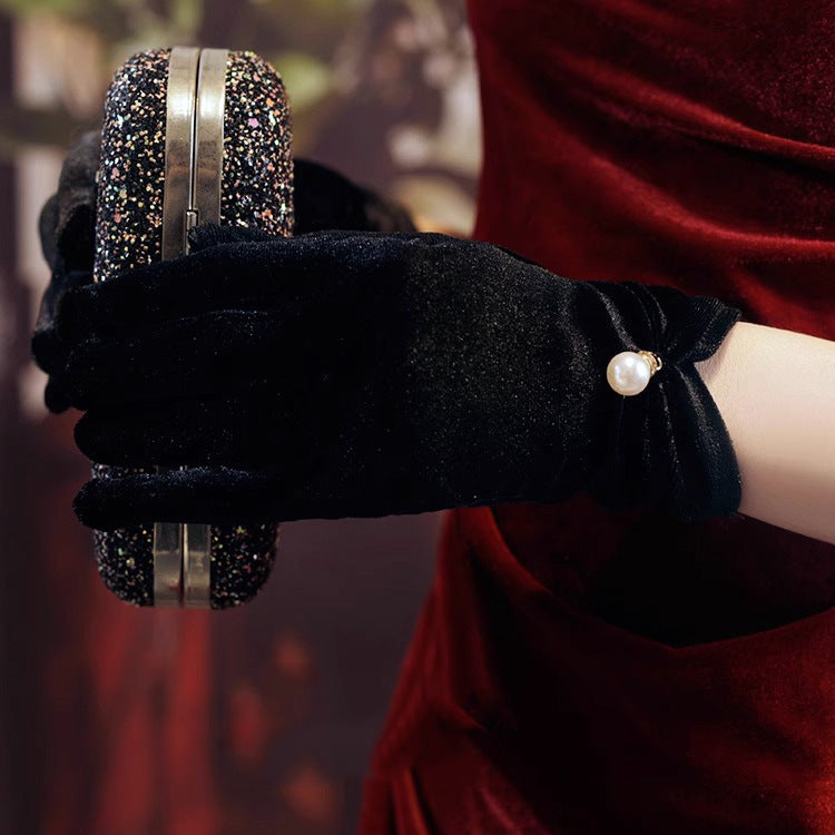 Black Satin Short Pearl Gloves