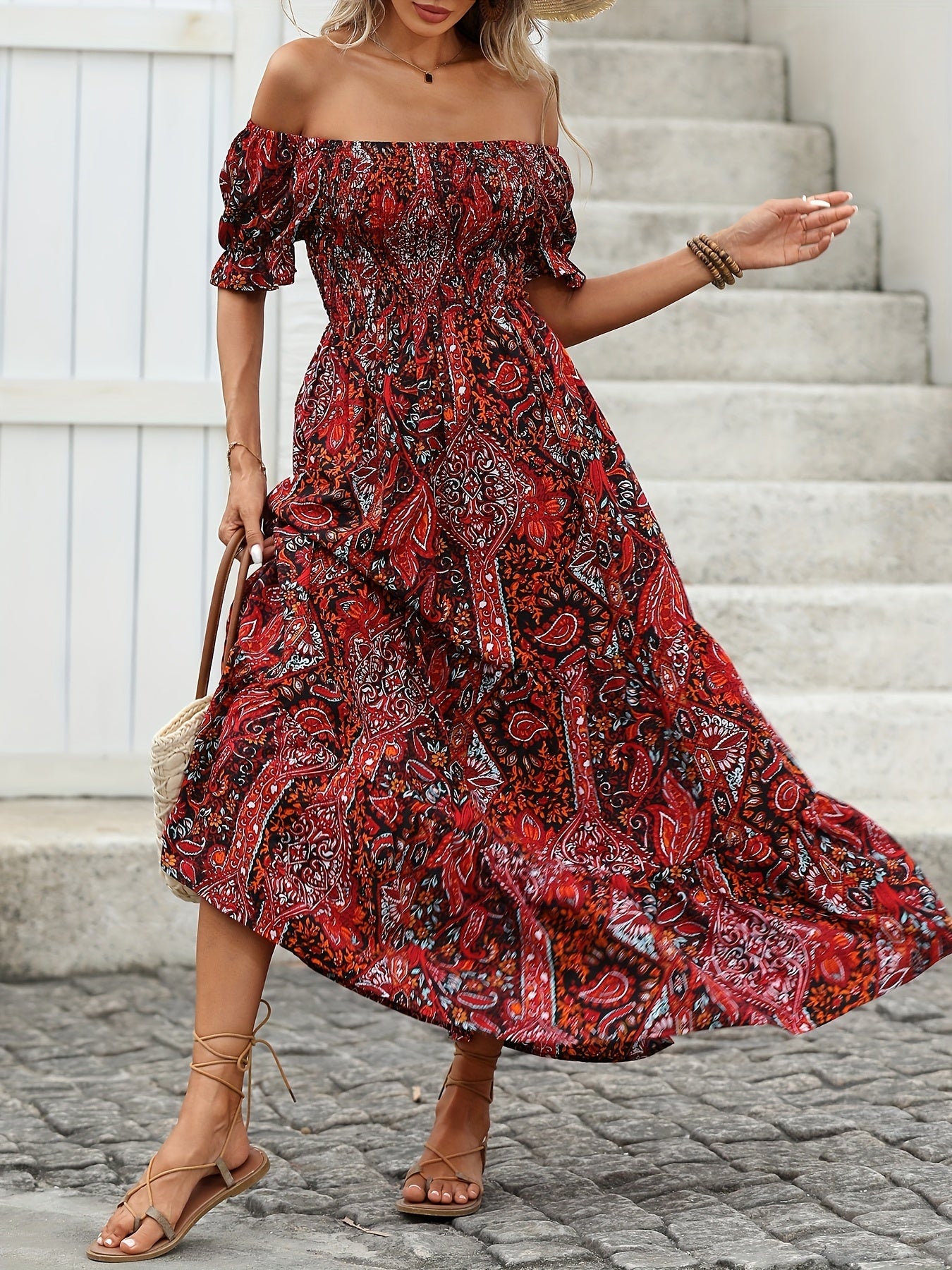 Women's Elegant Paisley Pattern Print One Shoulder Dress Summer Casual Party Essential Long Dress