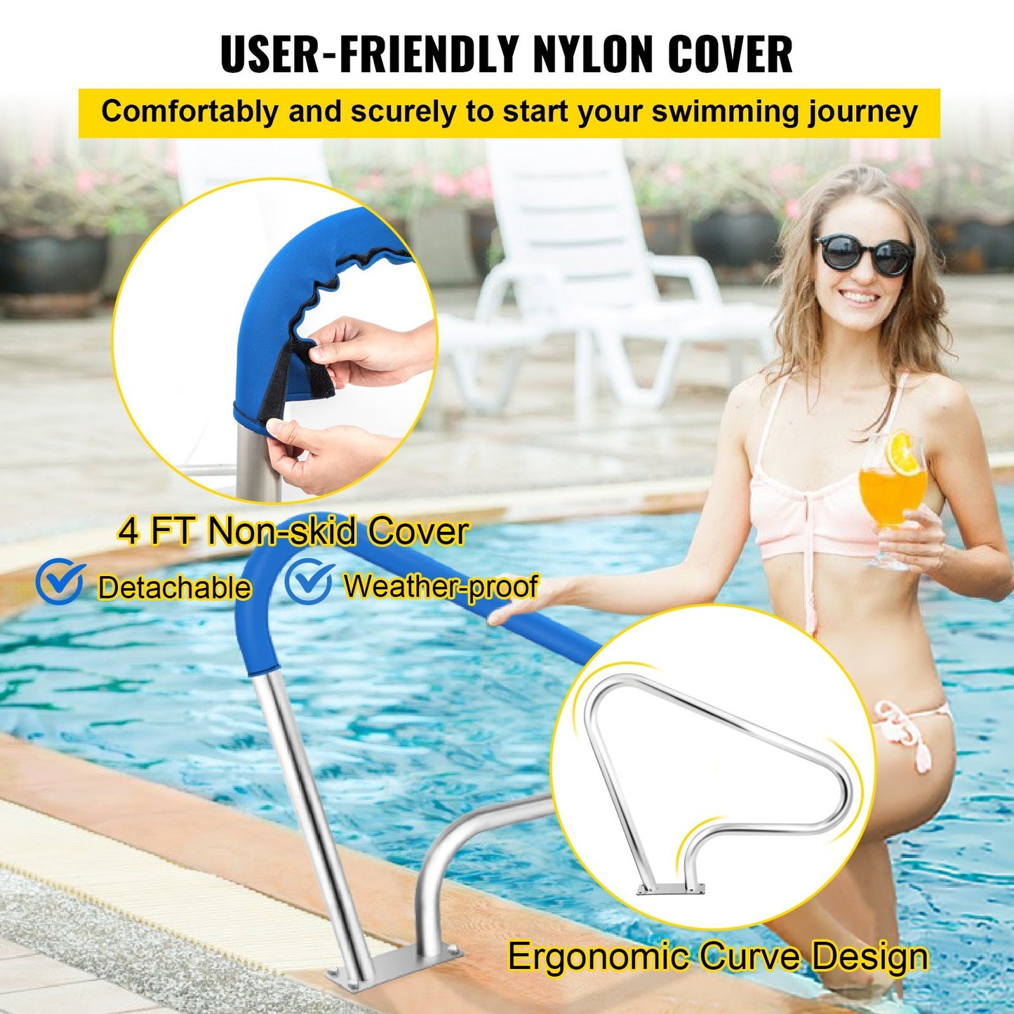 VEVOR Pool Rail 39x32 Pool Railing 304 Stainless Steel 250LBS Load Capacity Silver Rustproof Pool Handrail Humanized Swimming Pool Handrail With Blue Grip Cover & M8 Drill Bit & Self-Taping Screws