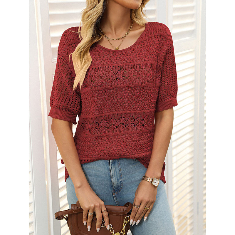 Women's Short Sleeve Sweater Tops Casual Crew Neck Crochet Knit Trendy Hollow Out Blouse T Shirts