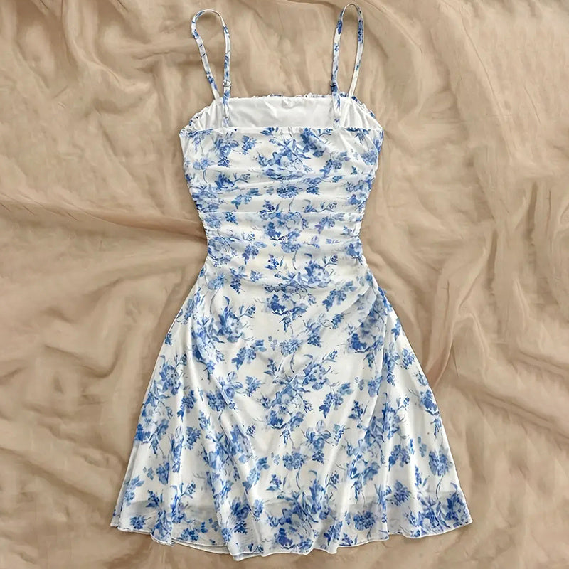 Women's Boho Floral Print Mini Dress Spaghetti Strap Ruched Ruffle Hem Vacation Sundresses