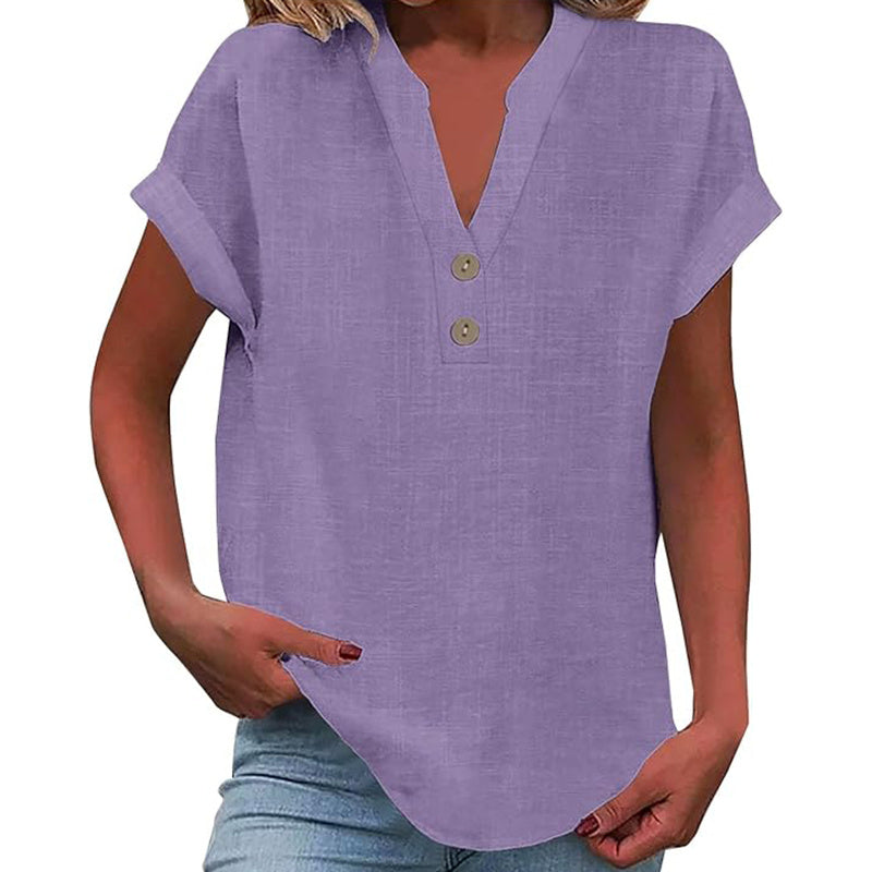 Women's Solid Color V-Neck Short Sleeve Blouse Button Detail, Summer Casual & Work T-Shirt