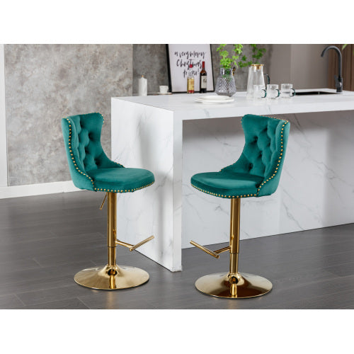 Golden Swivel Velvet Barstools Adjusatble Seat Height From 25-33 Inch Green,Set Of 2