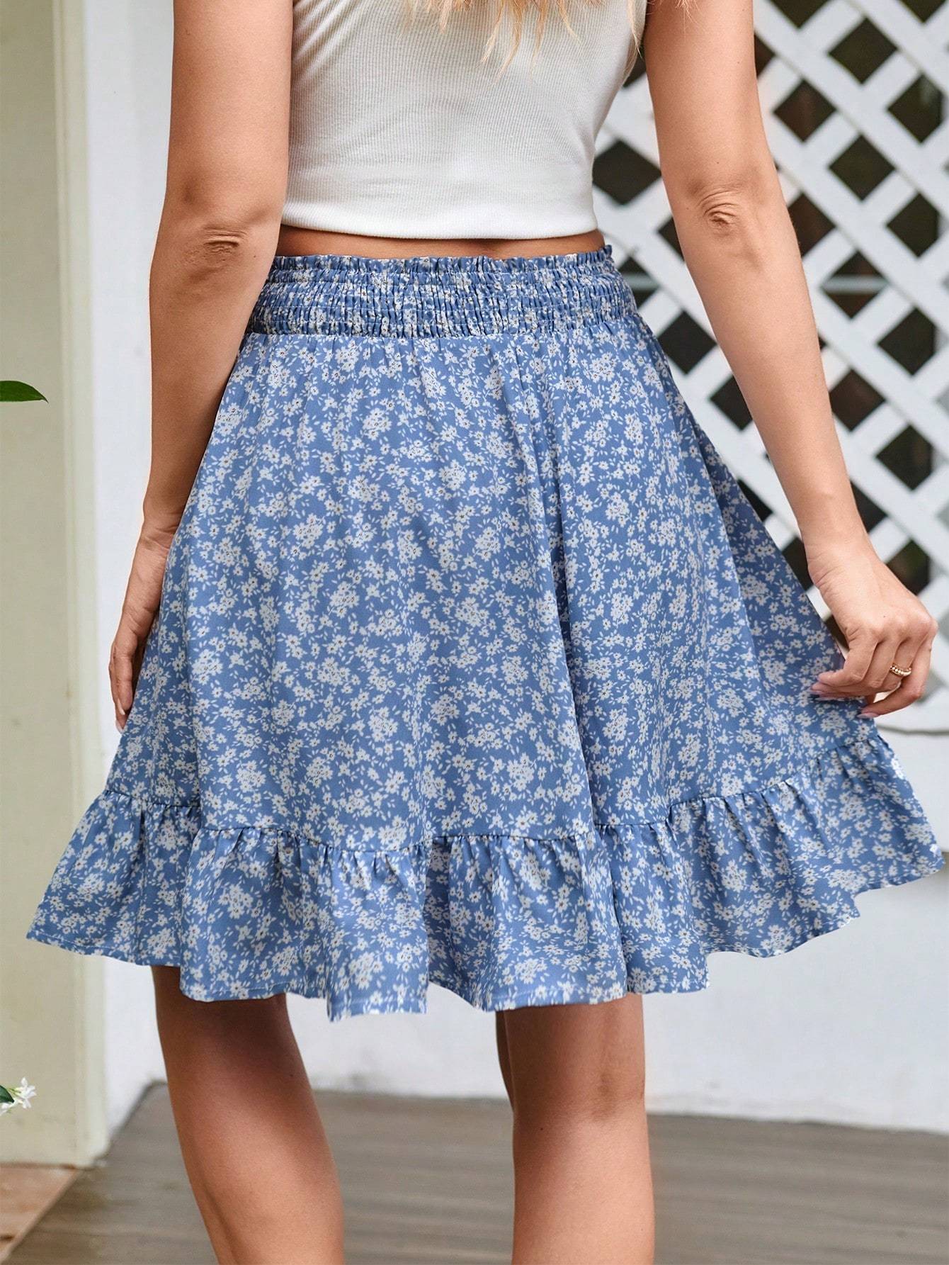 Women's Summer Floral Printed Ruffle Hem Vacation Casual Half-body Skirt