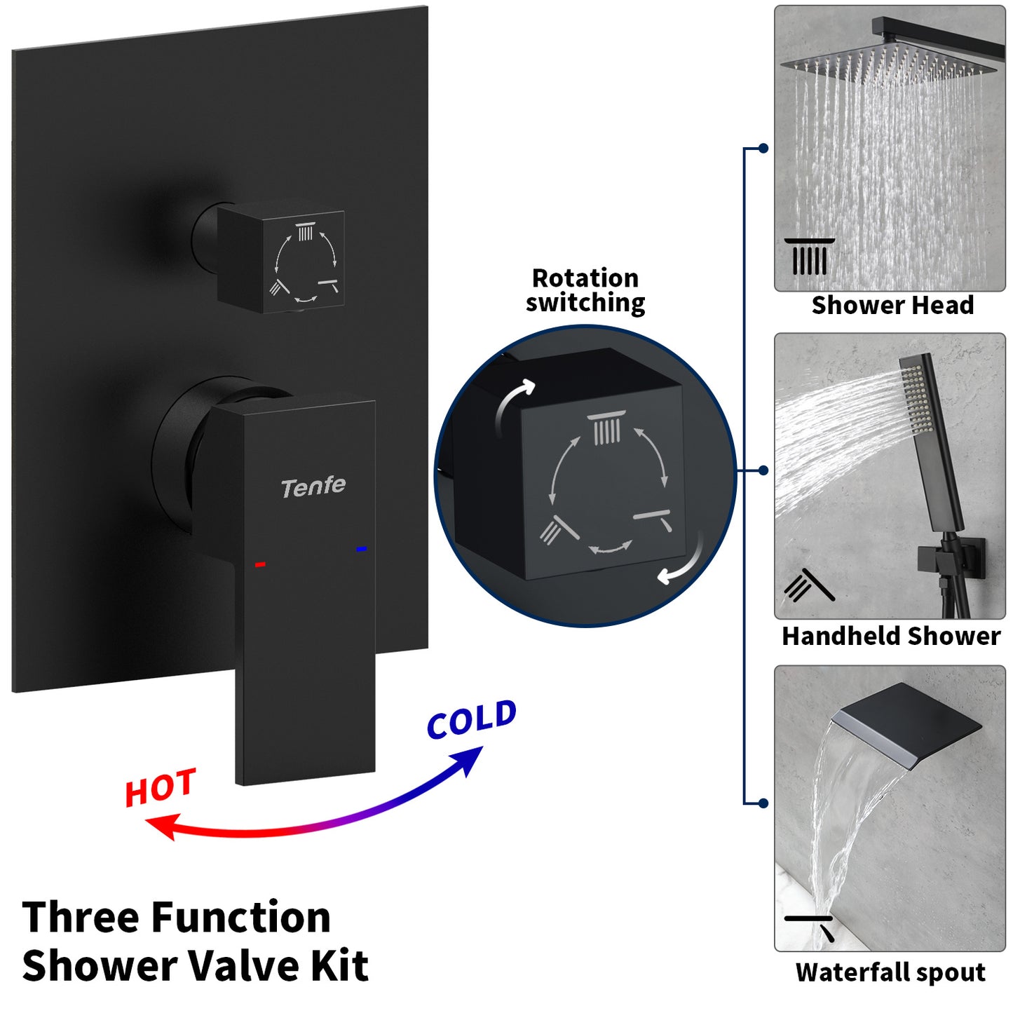 Male NPT Shower Faucet Set, Waterfall Shower System For Bathroom, High Pressure 10Rain Shower Head And Handheld Shower Spray Wall Mount Tub Faucet Shower Valve With Trim And Diverter, Matte Black
